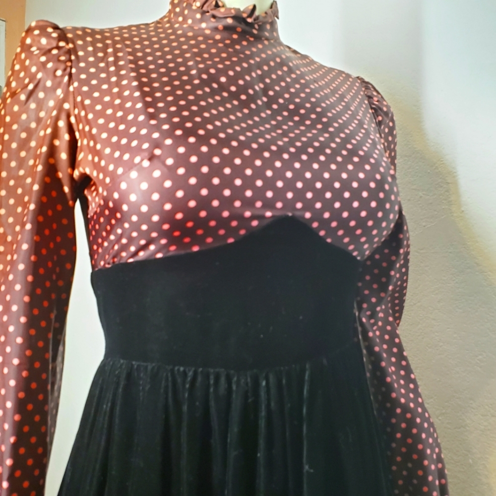 Vintage 70s Vicky Victorian Velvet Dot Dress - Picture 3 of 11